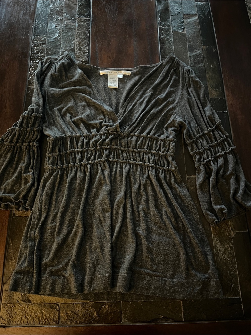 Max Studio Charcoal Smocked Waist V-Neck Tunic